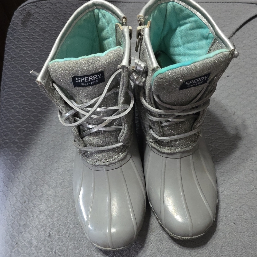 Sperry Gray Duck Boots with Teal Lining